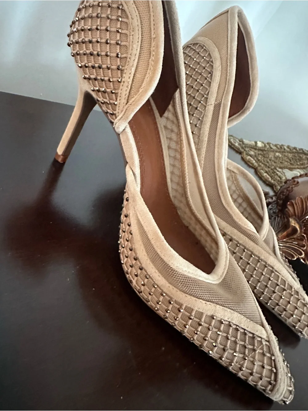 Reiss Nude-Beige Pointed-Toe Embellished Heels 16cm heels like new